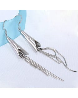 Floral Shape with Tassel Chain Design Platinum Plated Copper Fashion Earrings