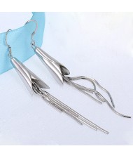 Floral Shape with Tassel Chain Design Platinum Plated Copper Fashion Earrings