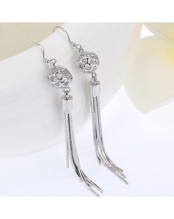 Hollow Silver Ball with Tassel Chain Dangling Earrings