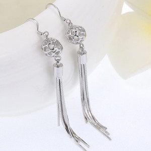 Hollow Silver Ball with Tassel Chain Dangling Earrings