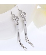 Hollow Silver Ball with Tassel Chain Dangling Earrings