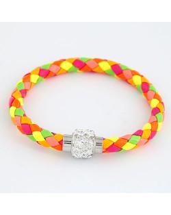 Rhinestone Embedded Bead Decorated Rope Weaving Fashion Bracelet - Orange