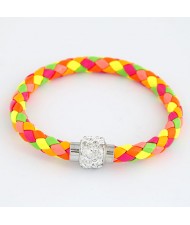 Rhinestone Embedded Bead Decorated Rope Weaving Fashion Bracelet - Orange