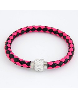 Rhinestone Embedded Bead Decorated Rope Weaving Fashion Bracelet - Rose