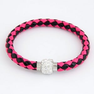 Rhinestone Embedded Bead Decorated Rope Weaving Fashion Bracelet - Rose