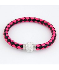 Rhinestone Embedded Bead Decorated Rope Weaving Fashion Bracelet - Rose