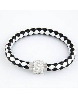 Rhinestone Embedded Bead Decorated Rope Weaving Fashion Bracelet - Black