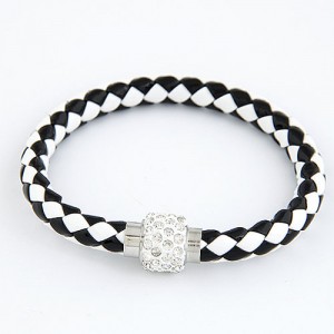 Rhinestone Embedded Bead Decorated Rope Weaving Fashion Bracelet - Black