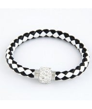 Rhinestone Embedded Bead Decorated Rope Weaving Fashion Bracelet - Black