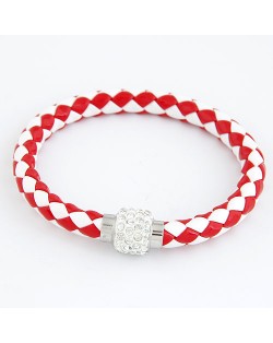 Rhinestone Embedded Bead Decorated Rope Weaving Fashion Bracelet - Red