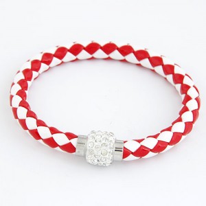 Rhinestone Embedded Bead Decorated Rope Weaving Fashion Bracelet - Red