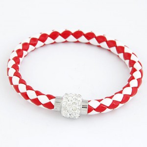 Rhinestone Embedded Bead Decorated Rope Weaving Fashion Bracelet - Red