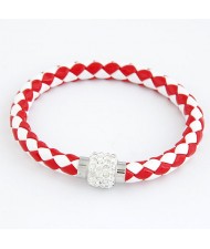 Rhinestone Embedded Bead Decorated Rope Weaving Fashion Bracelet - Red