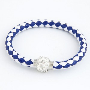 Rhinestone Embedded Bead Decorated Rope Weaving Fashion Bracelet - Blue