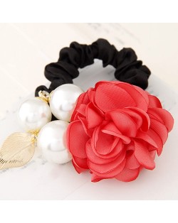 Korean Fashion Camellia Flower with Pearls Design Elastic Hair Band - Red