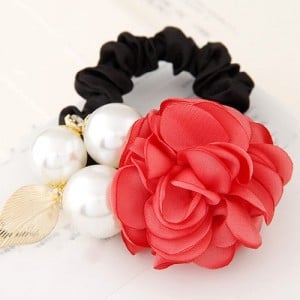 Korean Fashion Camellia Flower with Pearls Design Elastic Hair Band - Red