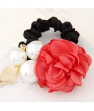 Korean Fashion Camellia Flower with Pearls Design Elastic Hair Band - Red