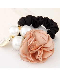 Korean Fashion Camellia Flower with Pearls Design Elastic Hair Band - Light Orange