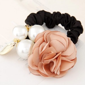 Korean Fashion Camellia Flower with Pearls Design Elastic Hair Band - Light Orange