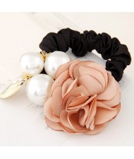 Korean Fashion Camellia Flower with Pearls Design Elastic Hair Band - Light Orange