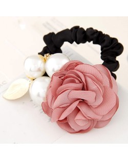 Korean Fashion Camellia Flower with Pearls Design Elastic Hair Band - Pink