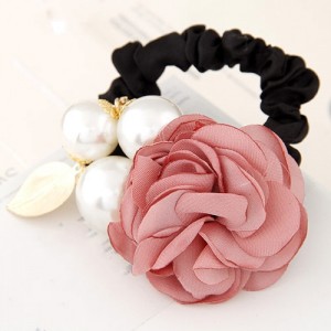 Korean Fashion Camellia Flower with Pearls Design Elastic Hair Band - Pink