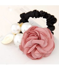 Korean Fashion Camellia Flower with Pearls Design Elastic Hair Band - Pink