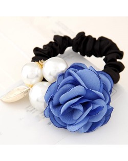 Korean Fashion Camellia Flower with Pearls Design Elastic Hair Band - Blue