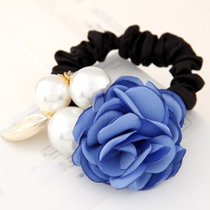 Korean Fashion Camellia Flower with Pearls Design Elastic Hair Band - Blue