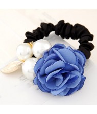 Korean Fashion Camellia Flower with Pearls Design Elastic Hair Band - Blue