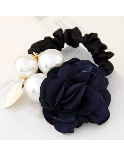 Korean Fashion Camellia Flower with Pearls Design Elastic Hair Band - Ink Blue