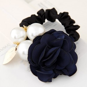 Korean Fashion Camellia Flower with Pearls Design Elastic Hair Band - Ink Blue