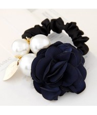 Korean Fashion Camellia Flower with Pearls Design Elastic Hair Band - Ink Blue