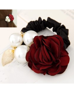 Korean Fashion Camellia Flower with Pearls Design Elastic Hair Band - Dark Red