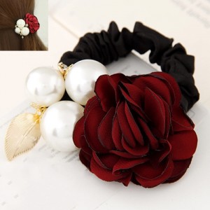 Korean Fashion Camellia Flower with Pearls Design Elastic Hair Band - Dark Red