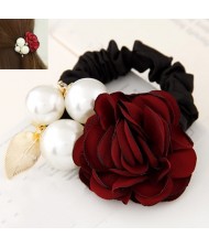 Korean Fashion Camellia Flower with Pearls Design Elastic Hair Band - Dark Red
