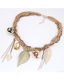 Leaves Roses and Waterdrop Pendants Multi-layer Chain Fashion Statement Necklace