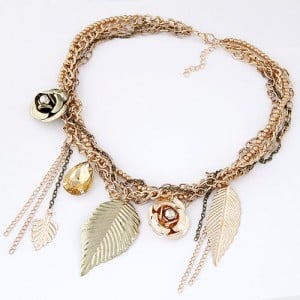 Leaves Roses and Waterdrop Pendants Multi-layer Chain Fashion Statement Necklace