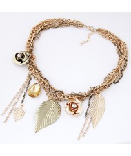 Leaves Roses and Waterdrop Pendants Multi-layer Chain Fashion Statement Necklace