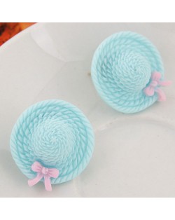 Korean Sweet Fashion Bowknot Decorated Straw Hat Ear Studs - Blue
