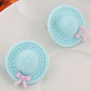 Korean Sweet Fashion Bowknot Decorated Straw Hat Ear Studs - Blue