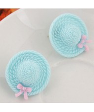 Korean Sweet Fashion Bowknot Decorated Straw Hat Ear Studs - Blue