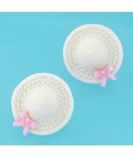 Korean Sweet Fashion Bowknot Decorated Straw Hat Ear Studs - White