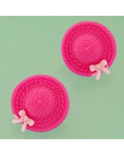 Korean Sweet Fashion Bowknot Decorated Straw Hat Ear Studs - Rose