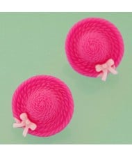 Korean Sweet Fashion Bowknot Decorated Straw Hat Ear Studs - Rose