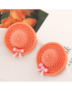 Korean Sweet Fashion Bowknot Decorated Straw Hat Ear Studs - Orange