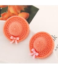 Korean Sweet Fashion Bowknot Decorated Straw Hat Ear Studs - Orange