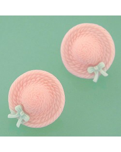 Korean Sweet Fashion Bowknot Decorated Straw Hat Ear Studs - Pink
