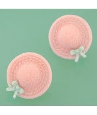 Korean Sweet Fashion Bowknot Decorated Straw Hat Ear Studs - Pink