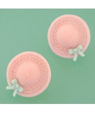 Korean Sweet Fashion Bowknot Decorated Straw Hat Ear Studs - Pink